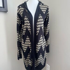 Allison Brittney Black Cream Geometric Hooded Open Front Cardigan M